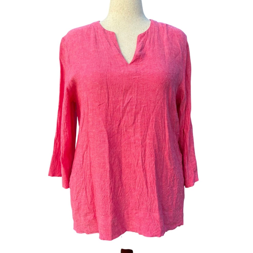 Lands End Tunic Womens L Pink Linen Blend Split Neck Relaxed Summer Coastal Boho